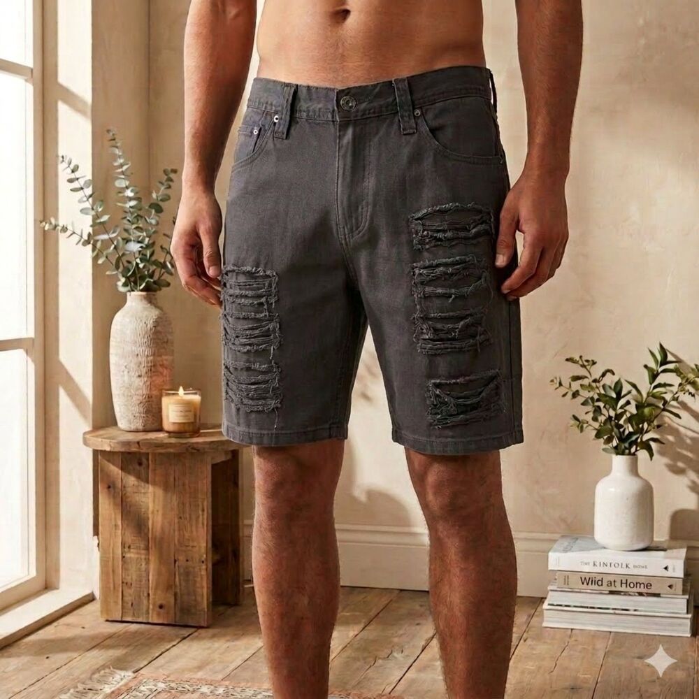 Southpole Mens 34 Black Distressed Denim Shorts Baggy Grunge Hip Hop Y2K